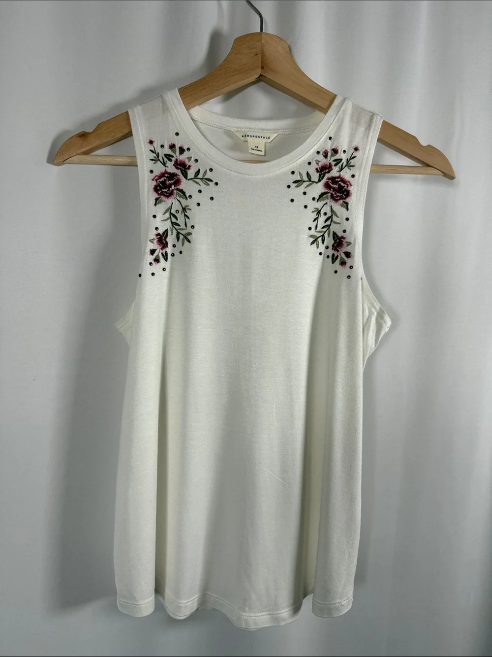 Aeropostale White Tank Top with Pink Floral Embroidery